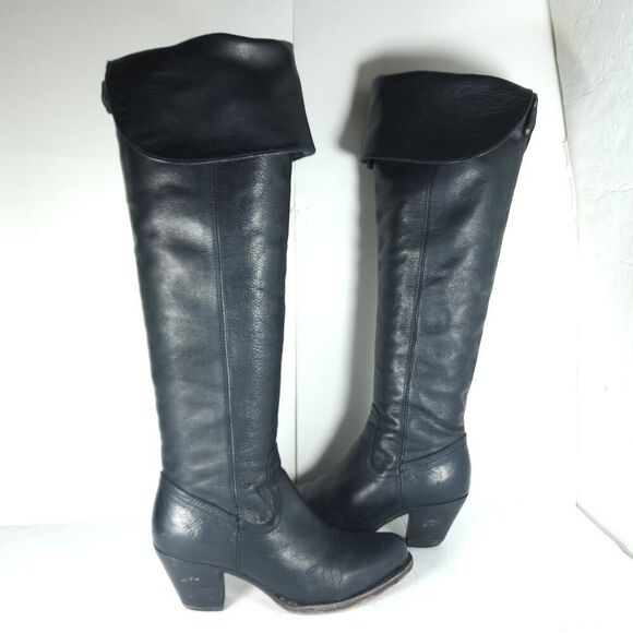 Frye Women's Jane US6,5B Black Leather Fold Over Pull On Knee High Riding Boots - Picture 7 of 16